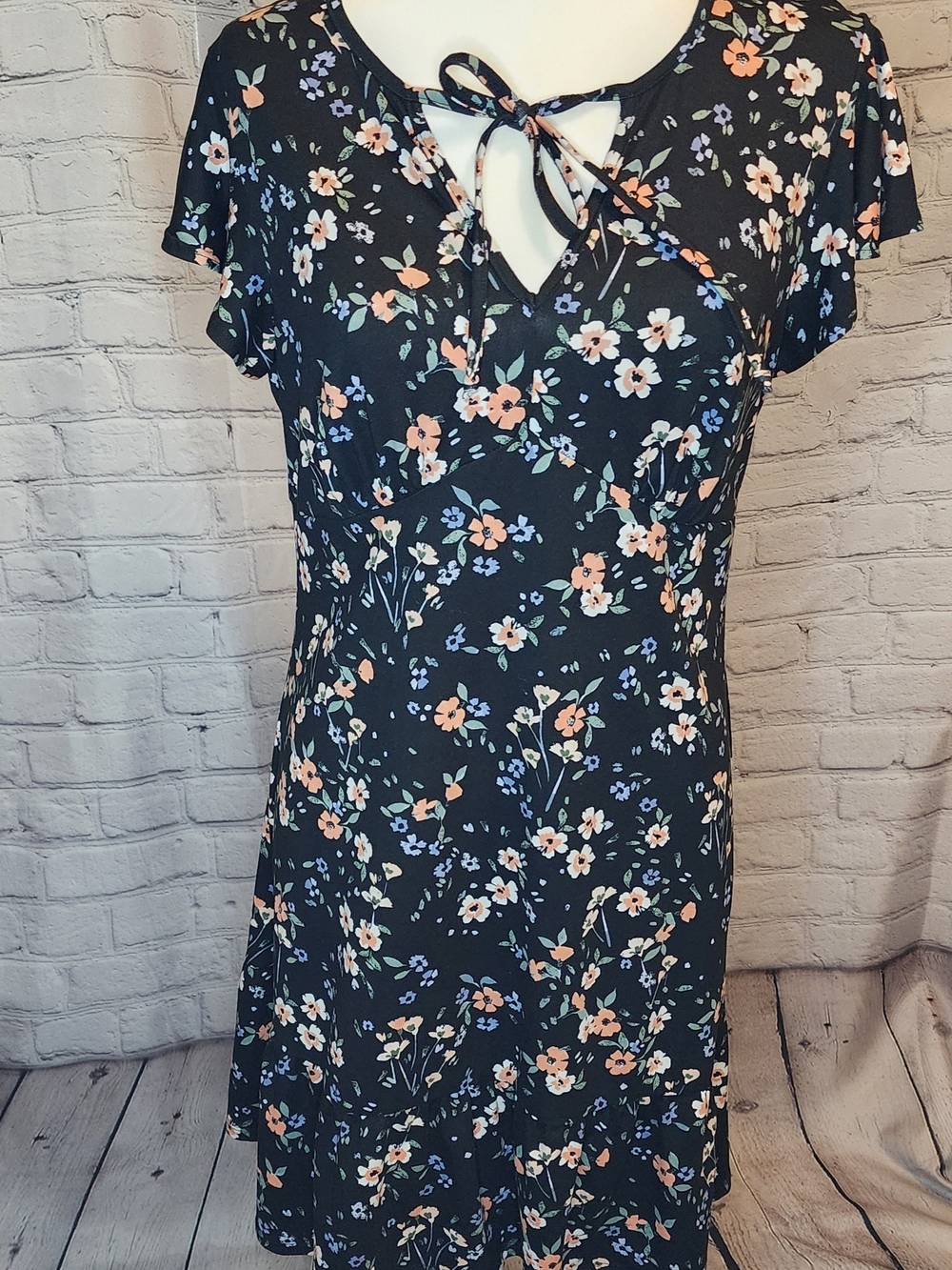 Black Floral Tie-Neck Midi Dress with Peach & Blue Blooms